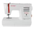 Eine weiße GRITZNER® VARIMATIC® 935 IDT®-Nähmaschine von Gritzner mit roten Akzenten, einer sichtbaren Stichmusteranzeige sowie Drehknöpfen und Tasten auf der rechten Seite. Diese robuste Nähma