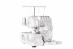 Die Gritzner 788 Overlock – 2/3/4-Faden mit Freiarm & LED von Gritzner wird auf weißem Hintergrund mit mehreren Garnspulen, Differentialtransport und farbcodierten Einfädelhilfen abgebildet.